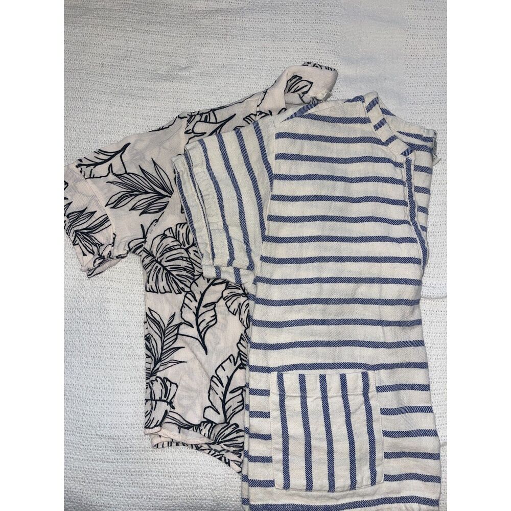 Chic Boho Bundle – Leaf Print Tie Front Blouse + Striped Casual Top (Size Small)